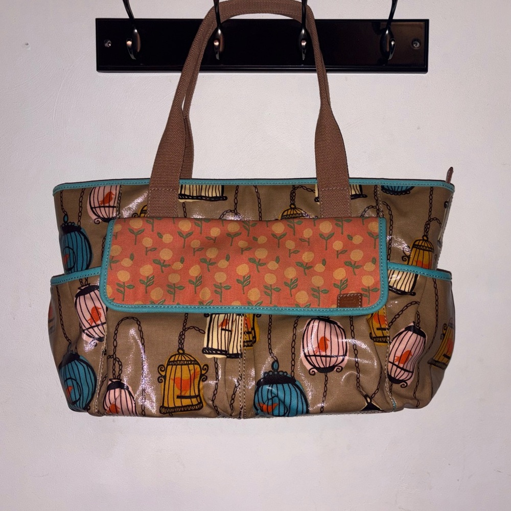 Fossil large Tote, coated Canvas, Birdcage/Oranges, Unique!